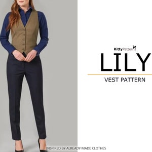 May include: A woman wearing a brown vest over a blue button-down shirt and dark blue pants. The image is a product listing for a vest pattern called "Lily" from KittyPatterns.