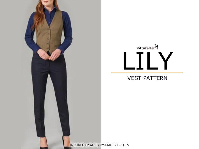 May include: A woman wearing a brown vest over a blue button-down shirt and dark blue pants. The image is a product listing for a vest pattern called "Lily" from KittyPatterns.