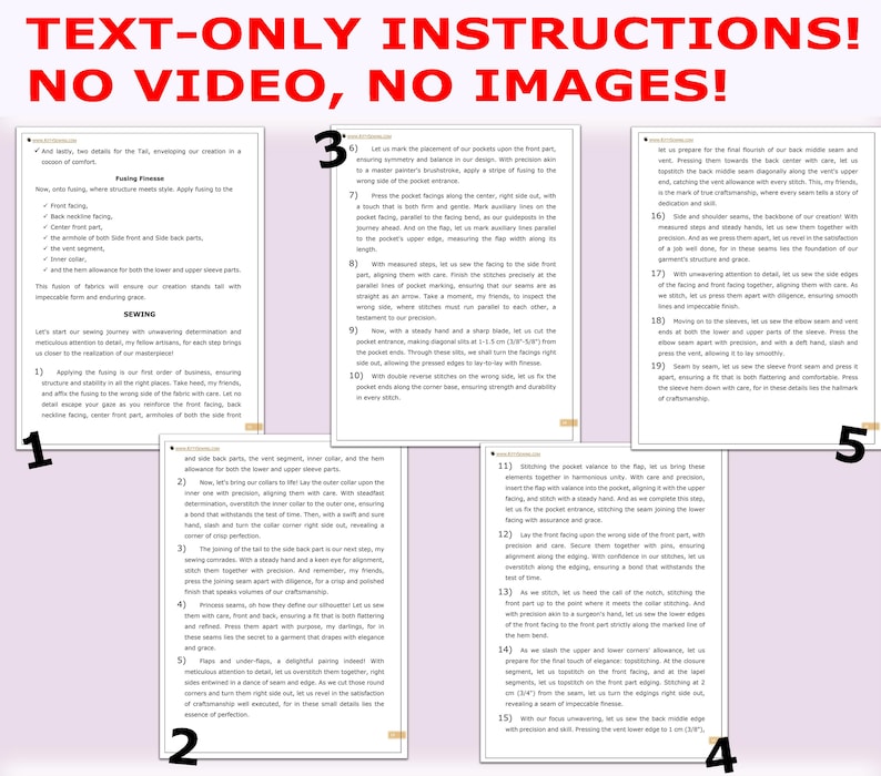 May include: A set of five pages with text-only instructions for sewing a garment. The pages are numbered 1 through 5. The text includes instructions for sewing the front facing, side seams, and pocket placement.