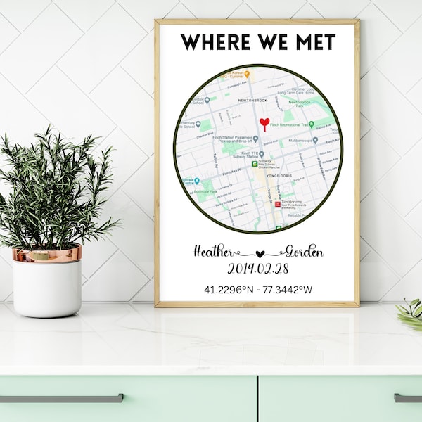 Where We Met Map, Where it all began map, Couple Map printable, the night we met, Gift for her him, Personalized Map, Print Anniversary Gift