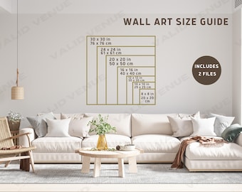 Könnte beinhalten: Ein Wandkunst-Größenleitfaden mit verschiedenen Größen in Zoll und Zentimetern. Der Leitfaden umfasst Größen von 8x8 Zoll bis 30x30 Zoll. Der Text "Enthält 2 Dateien" ist ebenfalls im Bild enthalten.