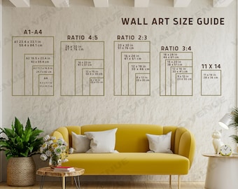 Könnte beinhalten: Ein Wandkunst-Größenleitfaden mit verschiedenen Verhältnissen und Maßen in Zoll und Zentimetern. Der Leitfaden zeigt die Abmessungen verschiedener Wandkunstgrößen, darunter 11x14, 12x16, 12x18, 15x20, 16x20, 16x24, 18x24, 20x30, 24x30 und 9x12.