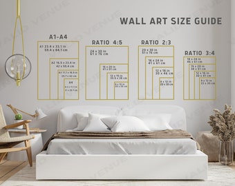 Könnte beinhalten: Ein Wandkunst-Größenleitfaden mit verschiedenen Verhältnissen und Maßen in Zoll und Zentimetern. Der Leitfaden zeigt die verschiedenen Größen von Wandkunst, die in verschiedenen Verhältnissen gedruckt werden können, wie z. B. 4:5, 2:3 und 3:4.