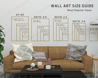 Könnte beinhalten: Ein Wandkunst-Größenleitfaden mit verschiedenen Verhältnissen und Maßen in Zoll und Zentimetern. Der Leitfaden zeigt die beliebtesten Größen für Wandkunst, darunter 4:5, 2:3, 3:4 und 11 x 14.