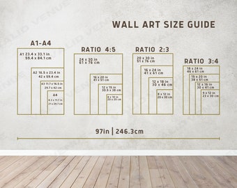 Könnte beinhalten: Ein Wandkunst-Größenleitfaden mit verschiedenen Verhältnissen und Maßen in Zoll und Zentimetern. Der Leitfaden zeigt die Abmessungen verschiedener Größen von Wandkunst, einschließlich der Papierformate A1, A2, A3 und A4. Die Verhältnisse sind 4:5, 2:3 und 3:4.