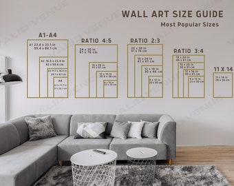 Könnte beinhalten: Ein Wandkunst-Größenleitfaden mit verschiedenen Verhältnissen und Maßen in Zoll und Zentimetern. Der Leitfaden enthält Größen für A1, A2, A3, A4, 4:5, 2:3, 3:4 und 11x14.