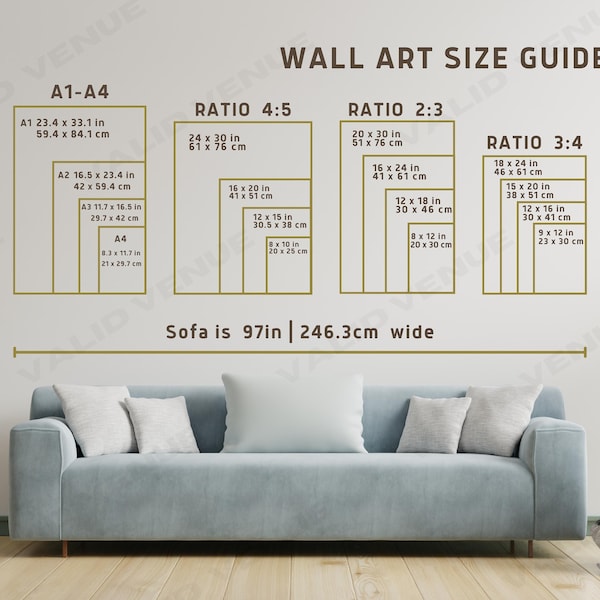 Wall Art Size Guide, Frame Size Guide, Print Size Guide, Wall Display Guide, Comparison Chart, Poster Size Chart, Size Guide Wall Art Living