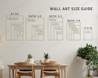 Könnte beinhalten: Ein Wandkunst-Größenleitfaden mit verschiedenen Verhältnissen und Maßen in Zoll und Zentimetern. Der Leitfaden zeigt die Abmessungen verschiedener Größen von Wandkunst, darunter 11 x 14, 12 x 16, 15 x 20, 16 x 24, 18 x 24, 20 x 30, 24 x 30 und mehr.