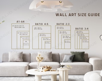 Può includere: Una guida alle dimensioni dell'arte da parete con diversi rapporti e misure in pollici e centimetri. La guida mostra le dimensioni standard per le stampe di arte da parete, inclusi i formati di carta A1, A2, A3 e A4.