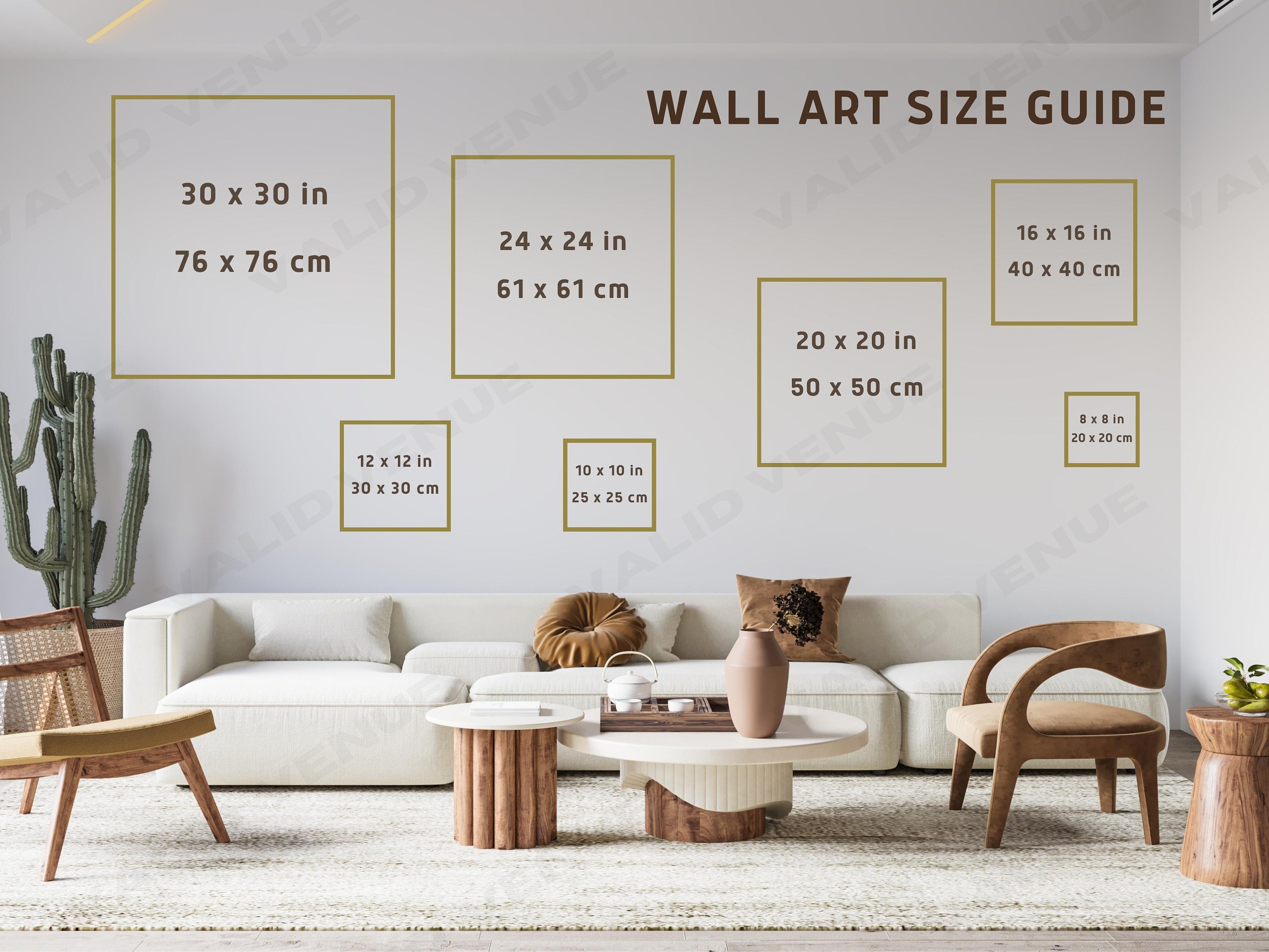 Square Wall Art Size Guide, Frame Size Guide, Print Size Guide, Wall Display Guide, Comparison Chart, Poster Size Chart, 1:1 Art Size Guide