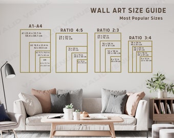 May include: A wall art size guide with different ratios and measurements in inches and centimeters. The guide shows the most popular sizes for wall art, including A1, A2, A3, and A4 sizes, as well as ratios of 4:5, 2:3, and 3:4.