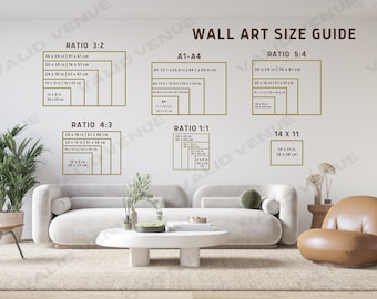 Può includere: Guida alle dimensioni delle opere d'arte da parete con dimensioni in pollici e centimetri. Mostra vari rapporti d'aspetto, tra cui 3:2, 5:4, 4:3 e 1:1, con dimensioni come 91 x 61 cm (36 x 24 pollici). Il testo "VALID VENUE" è visibile.