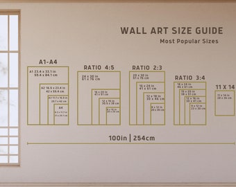 Può includere: Una guida alle dimensioni dell'arte da parete con diversi rapporti e dimensioni in pollici e centimetri. La guida include i seguenti rapporti: 4:5, 2:3, 3:4 e 11 x 14. La guida include anche le seguenti dimensioni: A1, A2, A3, A4, 24 x 30 pollici, 20 x 30 pollici, 18 x 24 pollici, 16 x 20 pollici, 15 x 20 pollici, 12 x 18 pollici, 12 x 16 pollici, 9 x 12 pollici, 8 x 12 pollici, 11 x 14 pollici.