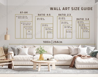 Puede incluir: Una guía de tamaños de arte de pared con diferentes proporciones y medidas en pulgadas y centímetros. La guía muestra las dimensiones de varios tamaños de arte de pared, incluidos los tamaños de papel A1, A2, A3 y A4, así como las proporciones 4:5, 2:3 y 3:4.