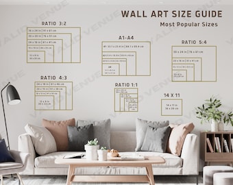 May include: Wall art size guide with different ratios and measurements in inches and centimeters. The guide shows the most popular sizes for wall art, including 3:2, 4:3, 5:4, 1:1, and 14 x 11.