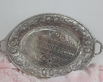 Vintage Silver Plated Ornately Decorated Oval Serving Tray, Vintage Decorative Tray, Vintage Beverage/ Drink Tray