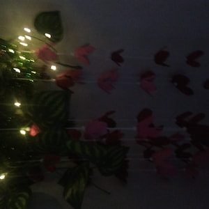 Puede incluir: Una guirnalda de corazones de papel rosa colgando de una planta verde con luces blancas.