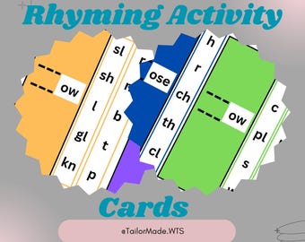 May include: A set of colorful rhyming activity cards with the words "Rhyming Activity Cards" and "@TailorMade.WTS" printed on them. The cards are shaped like stars and have different colored sections with various letter combinations written on them.