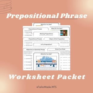 Prepositional Phrases Practice Worksheet Packet | Grammar Activities & Sentence Analysis | 40-Pages | Answer Key Included