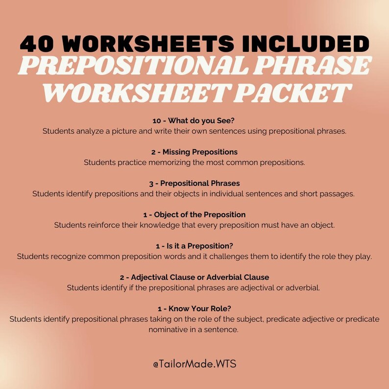 Prepositional Phrase Worksheet Identify The Prepositional Phrease Prepositional Phrases Practice Worksheet Packet Grammar Activities ...