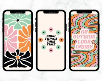 Bundle von 10 Gut Dinge brauchen Zeit iPhone Hintergrundbilder, Groovy Retro iPhone Hintergründe, Ästhetische Handy-Hintergründe, süße Hintergrundbilder