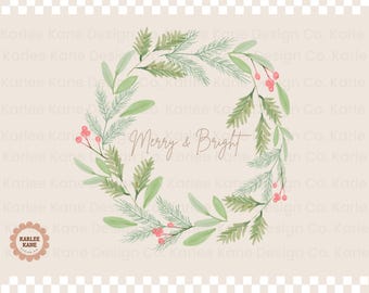Merry & Bright Aquarell Weihnachtskranz, sofortiger digitaler Download, kommerzielle PNG-Datei, druckbare Feiertagsgrafik, festliche Kunst, Weihnachten