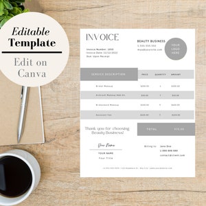 May include: A gray and white invoice template for a beauty business. The invoice includes a service description, price, quantity, and amount. The invoice also includes the business name, contact information, and a thank you message.