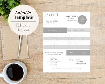 Professional Makeup Artist Elegant Minimalist Editable Invoice Template, Canva Template, MUA Invoice, Digital Download