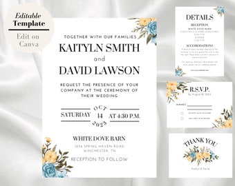 Rustic Floral Wedding Invitation Suite Editable Canva Template, Elegant Wedding Invitation, Instant Digital Download, Simple Wedding Invite
