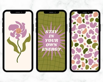 Bundle of 10 Cosmic Vibes Groovy iPhone Wallpapers, Retro Floral iPhone Backgrounds, Aesthetic Phone Backgrounds, Positive Affirmations