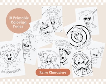 10 Groovy Retro Cartoon Charaktere, printable Malseiten für Erwachsene & Kinder, sofortiger digitaler Download, Achtsamkeitsaktivitäten, niedliche Kunst