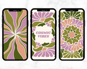 Bundle of 10 Cosmic Vibes Groovy iPhone Wallpapers, Retro Floral iPhone Backgrounds, Aesthetic Phone Backgrounds, Positive Affirmations