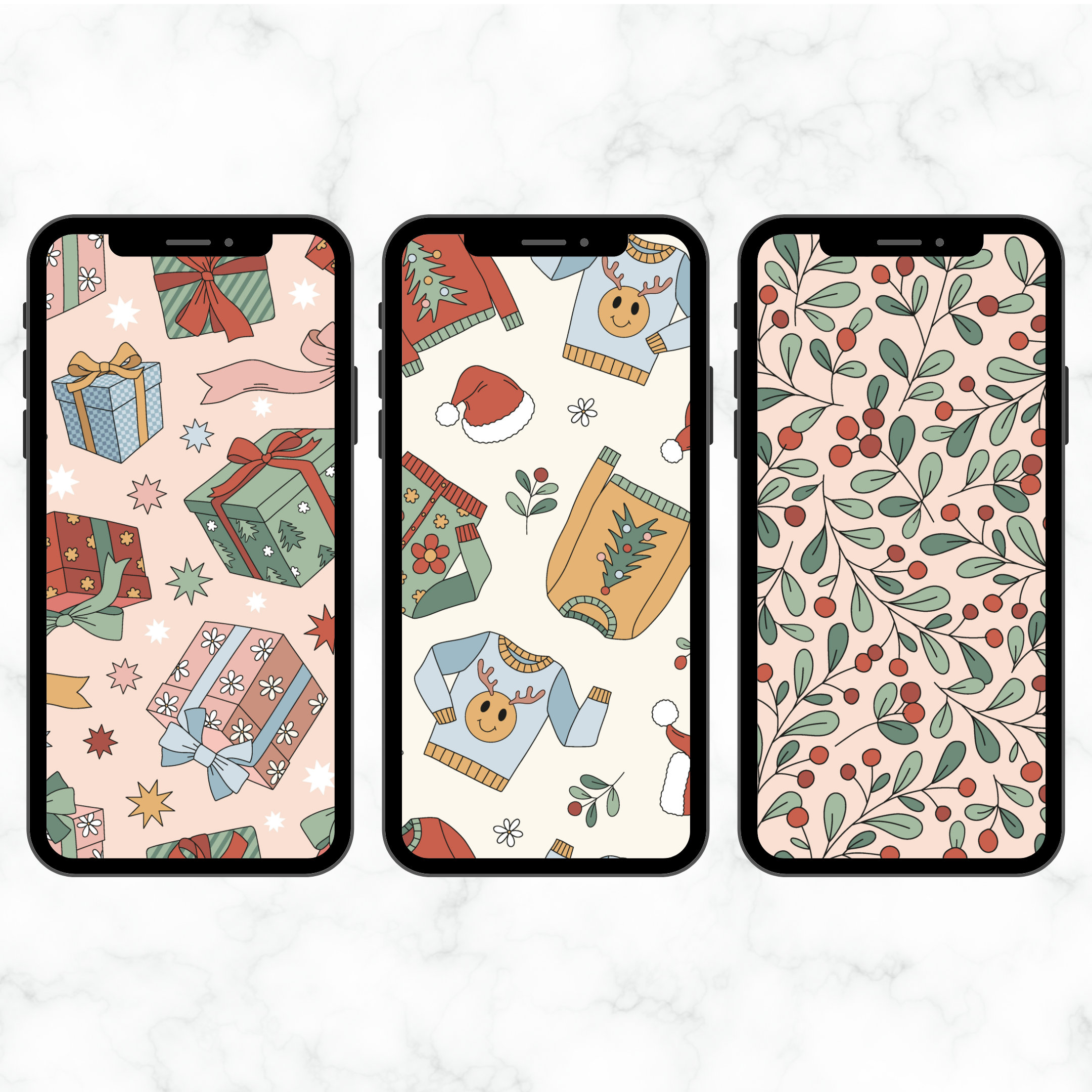 Retro Groovy Christmas Holiday iPhone Wallpapers, Bundle of 6, Instant