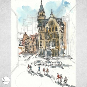 Melbourne Architecture Print, Cityscape Print, Architectural Drawings, Downloadable Art Prints, Print of a Watercolor Sketch, Fine Art Print