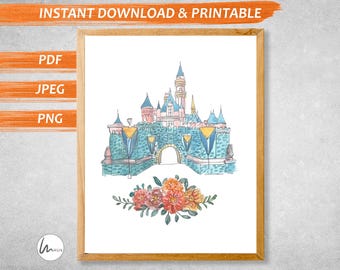 Princess Castle Watercolor Art, Sleeping Beauty Castle, , Princess Nursery Art, Girls Room Decor, Girls Room Decor, Wall Art Digital