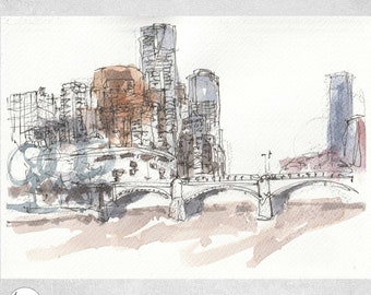 Melbourne Cityscape Watercolor Sketch Print, Architectural Art