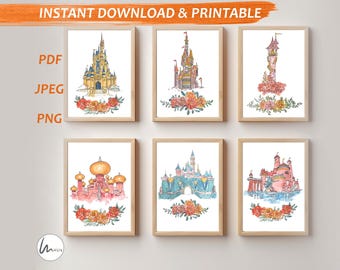 Baby Girl Nursery Wall ART, Princess Castle PRINT Set of 6, Princess Nursery Watercolour Art, Cindrella Castle Art, Baby Girl Nursery Decor