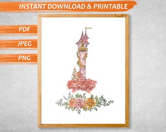 Princess Nursery Watercolour Art, Rapunzel Castle Art, Watercolor Castle, Disney World Castle, Girls Room Decor, Wall Art Digital