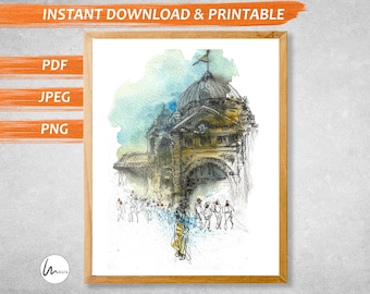 Melbourne Flinders Street Station Watercolor Sketch Print (Digital Download)