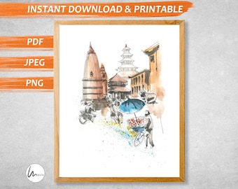 Bhaktapur Durbar Square Print, Nepal Watercolor Sketch (Downloadable Art)