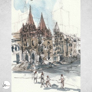 Flinders Street print, Cityscape print, Architectural drawings, Downloadable art prints,  Print of a watercolor sketch, Fine art print