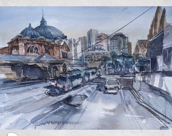 Flinders Street Watercolor Print, Melbourne Cityscape Art (Digital Download)