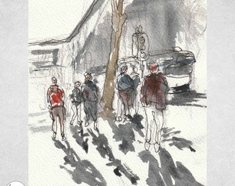 Melbourne City People Watercolor Sketch Print (Digital File)