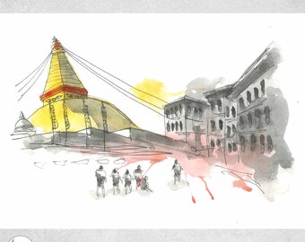 Boudhanath Stupa Watercolor Print, Nepal Sketch Art (Downloadable)