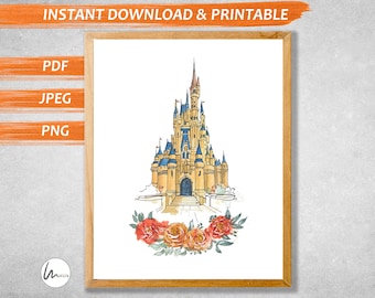Princess Nursery Watercolour Art, Cindrella Castle Art,Watercolor Castle,Disney World Castle, Girls Room Decor, Nursery art,Wall Art Digital