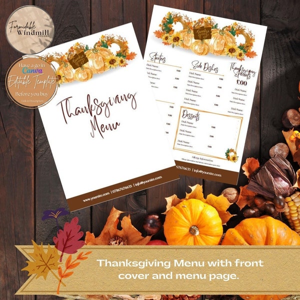 Thanksgiving pumpkin spice menu template for food businesses fully editable in Canva | Restaurant Menu | Cafe | Catering Menu