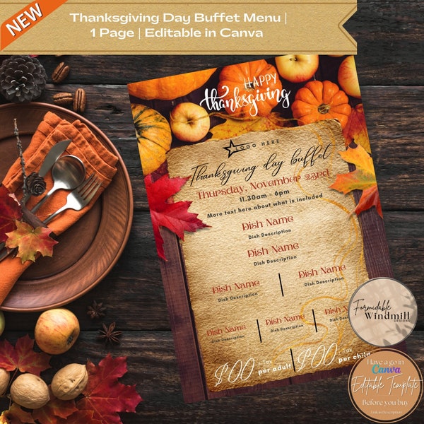 Thanksgiving pumpkin leaves buffet menu template for food businesses fully editable in Canva | Restaurant Menu | Cafe | Catering Menu