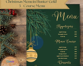 Hunter Green Christmas Menu Template: Gold Festive Design (A4 & US Letter) (Canva Editable)