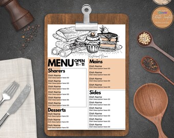 Food Business Menu Template: Sketched Sandwich & Cake Design | Canva Editable, Instant Download