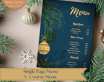 Dark Blue Christmas Menu Template, Gold Design (Canva Editable, Digital Download)